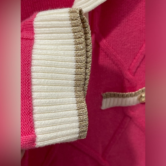 Talbots Berry Pink Cotton Blend Lattice Cable Johnny Collar Sweater Gold Trim XL - Picture 5 of 8